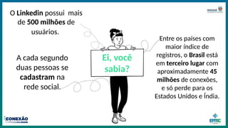 O Linkedin possui mais
de 500 milhões de
usuários.
A cada segundo
duas pessoas se
cadastram na
rede social.
Entre os países com
maior índice de
registros, o Brasil está
em terceiro lugar com
aproximadamente 45
milhões de conexões,
e só perde para os
Estados Unidos e Índia.
Ei, você
sabia?
 