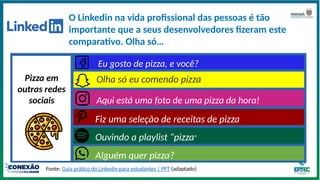 O Linkedin na vida profissional das pessoas é tão
importante que a seus desenvolvedores fizeram este
comparativo. Olha só…
Fonte: Guia prático do Linkedin para estudantes | PPT (adaptado)
Olha só eu comendo pizza
Eu gosto de pizza, e você?
Fiz uma seleção de receitas de pizza
Alguém quer pizza?
Pizza em
outras redes
sociais Aqui está uma foto de uma pizza da hora!
Ouvindo a playlist “pizza”
 