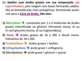 Os lipídios com ácidos graxos em sua composição são
saponificáveis, pois reagem com bases formando sabões.
São as biomoléculas mais energéticas, fornecendo acetil-
coA para o Ciclo de Krebs. São eles:
1) Glicerídeos  compostos por 1 a 3 moléculas de ácidos
graxos estereficado ao glicerol, formando mono, di ou
tri-acil-gliceróis (mono, di ou triglicerídeos).
2) Ceras  ácidos graxos de 16 a 30C e álcool mono-
hidroxilíco de 18 a 30C.
3) Fosfolipídeos  ácidos graxos + fosfato
4) Esfingolipídeos  ácido graxo + esfingosina
5) Glicolipídeos  ácido graxo + glicerol + açúcar
 