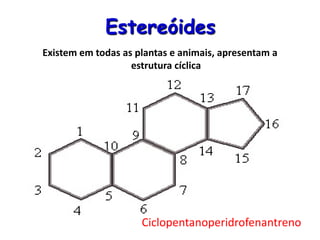 Estereóides
Existem em todas as plantas e animais, apresentam a
estrutura cíclica
Ciclopentanoperidrofenantreno
 