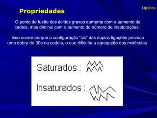O ponto de fusão dos ácidos graxos aumenta com o aumento da
cadeia, mas diminui com o aumento do número de insaturações.
Isso ocorre porque a configuração "cis" das duplas ligações provoca
uma dobra de 30o na cadeia, o que dificulta a agregação das moléculas
Propriedades
Lipídios
 