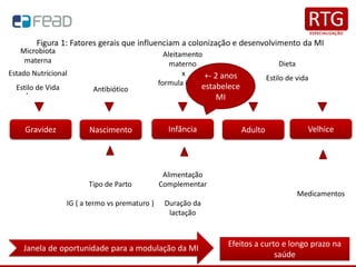 Figura 1: Fatores gerais que influenciam a colonização e desenvolvimento da MI
.
Gravidez Nascimento Infância
Janela de oportunidade para a modulação da MI
Microbiota
materna
Estado Nutricional
Estilo de Vida Antibiótico
Tipo de Parto
IG ( a termo vs prematuro )
Aleitamento
materno
x
formula infantil
Alimentação
Complementar
Duração da
lactação
.
Adulto Velhice
Dieta
Estilo de vida
Medicamentos
Efeitos a curto e longo prazo na
saúde
+- 2 anos
estabelece
MI
 