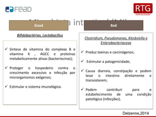 Microbiota intestinal (MI)
Bifidobactérias, Lactobacillus
✓ Sintese de vitamina do complexo B e
vitamina K , AGCC e proteínas
metabolicamente ativas (bacteriocinas);
✓ Proteger o hospedeiro contra o
crescimento excessivo e infecção por
microrganismos exógenos;
✓ Estimular o sistema imunológico.
Clostridium, Pseudomonas, Klesbsiella e
Enterobacteriaceae
✓ Produz toxinas e carcinógenos;
✓ Estimular a patogenicidade;
✓ Causa diarreia, constipação e podem
lesar o intestino diretamente e
transcolarem;
✓ Podem contribuir para o
estabelecimento de uma condição
patológica (infecções).
Good Bad
Delzenne,2014
 