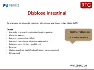 Disbiose Intestinal
Caracterizada por disfunção colônica = alteração de quantidade e diversidade da MI.
Causas:
▪ Uso indiscriminado de antibiótico (amplo espectro);
▪ Abuso de laxantes;
▪ Doenças consumptivas (SIDA);
▪ Consumo excessivo de alimentos processados;
▪ Baixo consumo de fibras (prebiótico);
▪ Estresse;
▪ Idade (- aderência das bifidobactérias na mucosa intestinal)
▪ PH intestinal.
+ Bactérias Patogênicas
- Bactérias Benéficas
WAITZBERG,20
11
 