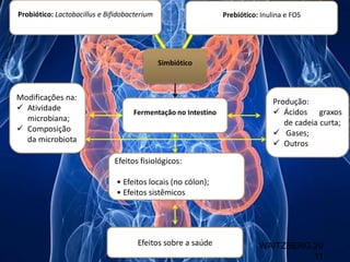 Probiótico: Lactobacillus e Bifidobacterium Prebiótico: Inulina e FOS
Simbiótico
Fermentação no Intestino
Modificações na:
✓ Atividade
microbiana;
✓ Composição
da microbiota
Produção:
✓ Ácidos graxos
de cadeia curta;
✓ Gases;
✓ Outros
Efeitos fisiológicos:
• Efeitos locais (no cólon);
• Efeitos sistêmicos
Efeitos sobre a saúde WAITZBERG,20
11
 