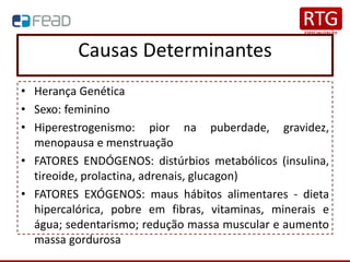 Causas Determinantes
• Herança Genética
• Sexo: feminino
• Hiperestrogenismo: pior na puberdade, gravidez,
menopausa e menstruação
• FATORES ENDÓGENOS: distúrbios metabólicos (insulina,
tireoide, prolactina, adrenais, glucagon)
• FATORES EXÓGENOS: maus hábitos alimentares - dieta
hipercalórica, pobre em fibras, vitaminas, minerais e
água; sedentarismo; redução massa muscular e aumento
massa gordurosa
 