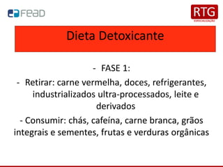 - FASE 1:
- Retirar: carne vermelha, doces, refrigerantes,
industrializados ultra-processados, leite e
derivados
- Consumir: chás, cafeína, carne branca, grãos
integrais e sementes, frutas e verduras orgânicas
Dieta Detoxicante
 
