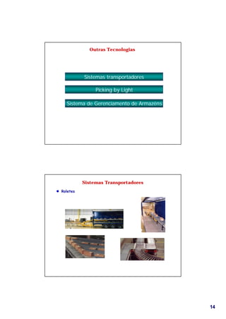 1414
Outras Tecnologias
Sistemas transportadores
Picking by Light
Sistema de Gerenciamento de Armazéns
Sistemas Transporta...