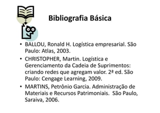 Bibliografia Básica 
• BALLOU, Ronald H. Logística empresarial. São 
Paulo: Atlas, 2003. 
• CHRISTOPHER, Martin. Logística e 
Gerenciamento da Cadeia de Suprimentos: 
criando redes que agregam valor. 2ª ed. São 
Paulo: Cengage Learning, 2009. 
• MARTINS, Petrônio Garcia. Administração de 
Materiais e Recursos Patrimoniais. São Paulo, 
Saraiva, 2006. 
 