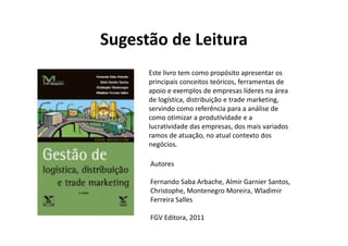 Sugestão de Leitura 
Este livro tem como propósito apresentar os 
principais conceitos teóricos, ferramentas de 
apoio e exemplos de empresas líderes na área 
de logística, distribuição e trade marketing, 
servindo como referência para a análise de 
como otimizar a produtividade e a 
lucratividade das empresas, dos mais variados 
ramos de atuação, no atual contexto dos 
negócios. 
Autores 
Fernando Saba Arbache, Almir Garnier Santos, 
Christophe, Montenegro Moreira, Wladimir 
Ferreira Salles 
FGV Editora, 2011 
 
