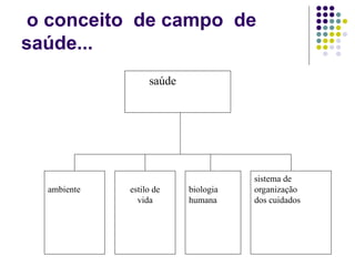 o conceito de campo de
saúde...
ambiente estilo de
vida
biologia
humana
sistema de
organização
dos cuidados
saúde
 