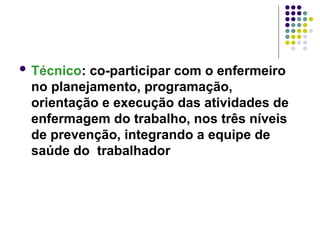  Técnico: co-participar com o enfermeiro
no planejamento, programação,
orientação e execução das atividades de
enfermagem do trabalho, nos três níveis
de prevenção, integrando a equipe de
saúde do trabalhador
 