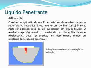 Líquido Penetrante
d) Revelação
Consiste na aplicação de um filme uniforme de revelador sobre a
superfície. O revelador é usualmente um pó fino (talco) branco.
Pode ser aplicado seco ou em suspensão, em algum líquido. O
revelador age absorvendo o penetrante das descontinuidades e
revelando-as. Deve ser previsto um determinado tempo de
revelação para sucesso do ensaio.
Aplicação do revelador e observação da
indicação.
 