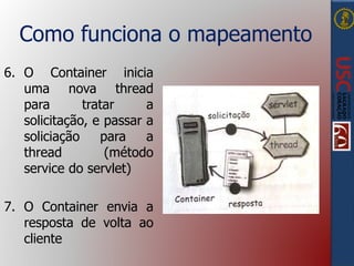 Como funciona o mapeamento
6. O Container inicia
uma nova thread
para tratar a
solicitação, e passar a
soliciação para a
thread (método
service do servlet)
7. O Container envia a
resposta de volta ao
cliente
 