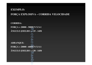 RiccardoRambo
EXEMPLO:
FORÇA EXPLOSIVA – CORRIDA VELOCIDADE
CORRIDA:
FORÇA = 20000 - 50000 N X S-1
ÂNGULO JOELHO = 135 - 1450
ARRANQUE:
FORÇA = 20000 - 60000 N X S-1
ÂNGULO JOELHO = 130 - 1450
RiccardoRambo
 