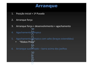 RiccardoRambo
Arranque
1. Posição inicial + 1ª Puxada
2. Arranque força
3. Arranque força + desenvolvimento + agachamento
4. Agachamento olímpico
5. Agachamento olímpico com salto (braços estendidos)
• “Klokov Press”
6. Arranque sustentado – barra acima dos joelhos
RiccardoRambo
 