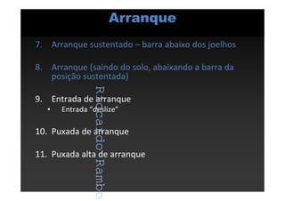 RiccardoRambo
Arranque
7. Arranque sustentado – barra abaixo dos joelhos
8. Arranque (saindo do solo, abaixando a barra da
posição sustentada)
9. Entrada de arranque
• Entrada “deslize”
10. Puxada de arranque
11. Puxada alta de arranque
RiccardoRambo
 