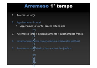 RiccardoRambo
Arremeso 1° tempo
1. Arremesso força
2. Agachamento frontal
• Agachamento frontal braços estendidos
3. Arremesso força + desenvolvimento + agachamento frontal
4. Levantamento terra romeno (acima e baixo dos joelhos)
5. Arremesso sustentado – barra acima dos joelhos
RiccardoRambo
 