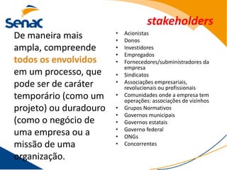 stakeholders
                        •   Acionistas
De maneira mais         •   Donos
ampla, compreende       •   Investidores
                        •   Empregados
todos os envolvidos     •   Fornecedores/subministradores da
                            empresa
em um processo, que     •   Sindicatos
pode ser de caráter     •   Associações empresariais,
                            revolucionais ou profissionais
temporário (como um     •   Comunidades onde a empresa tem
                            operações: associações de vizinhos
projeto) ou duradouro   •   Grupos Normativos
                        •   Governos municipais
(como o negócio de      •   Governos estatais
                        •   Governo federal
uma empresa ou a        •   ONGs
missão de uma           •   Concorrentes

organização.
 
