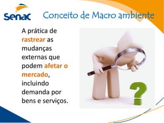 Conceito de Macro ambiente
A prática de
rastrear as
mudanças
externas que
podem afetar o
mercado,
incluindo
demanda por
bens e serviços.
 