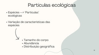 18
Espécies --> ‘Partículas’
ecológicas
Variação de características das
espécies
Tamanho do corpo
Abundância
Distribuição geográfica
Partículas ecológicas
 