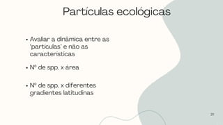 20
Avaliar a dinâmica entre as
‘partículas’ e não as
características
Nº de spp. x área
Nº de spp. x diferentes
gradientes latitudinas
Partículas ecológicas
 