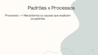Padrões x Processos
9
Processos --> Mecanismos ou causas que explicam
os padrões
 