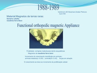 Vardimom.AD Stutzman,Graber Petrovic
Material:Magnetos de terras raras:
Samário cobalto
neodímio ferro Boro
Ajodo1999
Finalidade: corrigiras maloclusoes dento esqueléticas
Magnetos de neodímio ferro boro
Incremento do crescimento mandibular em animais :
animais tratados(x =2.83) controle(X= 0.43) forças em atração
O crescimento se deve ao incremento da proliferação celular
 