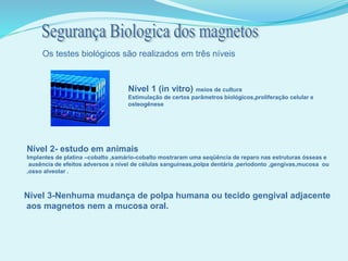 Os testes biológicos são realizados em três níveis
Nível 1 (in vitro) meios de cultura
Estimulação de certos parâmetros biológicos,proliferação celular e
osteogênese
Nível 2- estudo em animais
Implantes de platina –cobalto ,samário-cobalto mostraram uma seqüência de reparo nas estruturas ósseas e
ausência de efeitos adversos a nível de células sanguíneas,polpa dentária ,periodonto ,gengivas,mucosa ou
,osso alveolar .
Nível 3-Nenhuma mudança de polpa humana ou tecido gengival adjacente
aos magnetos nem a mucosa oral.
 