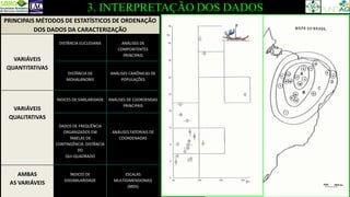 PRINCIPAIS MÉTODOS DE ESTATÍSTICOS DE ORDENAÇÃO
DOS DADOS DA CARACTERIZAÇÃO
VARIÁVEIS
QUANTITATIVAS
DISTÂNCIA EUCLIDIANA ANÁLISES DE
COMPONTENTES
PRINCIPAIS
DISTÂNCIA DE
MOHALANOBIS
ANÁLISES CANÔNICAS DE
POPULAÇÕES
VARIÁVEIS
QUALITATIVAS
ÍNDICES DE SIMILARIDADE ANÁLISES DE COORDENDAS
PRINCIPAIS
DADOS DE FREQUÊNCIA
ORGANIZADOS EM
TABELAS DE
CONTINGÊNCIA. DISTÂNCIA
DO
QUI-QUADRADO
ANÁLISES FATORIAIS DE
COORDENADAS
AMBAS
AS VARIÁVEIS
ÍNDICES DE
DISSIMILARIDADE
ESCALAS
MULTIDIMENSIONAIS
(MDS)
3. INTERPRETAÇÃO DOS DADOS
 