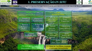 1. PRESERVAÇÃO IN SITU
PRODUÇÃO
INTEGRAL
USO
SUSTENTÁVEL
1. Estação
Ecológica (EE)
2. Monumento
Natural (MN)
4. Refúgio de
Vida
Silv.(REVIS)
3. Reserva
Biológica
(ReBio)
5. Parque
Nacional (PN)
1. Área de
Proteção
Ambiental
(APA)
2. (RESSEX)
Reser.
Extrativista
4. Reserva de
Fauna (REFAU)
6. (RDS)
Reserva de
Desen. Susten.
7. (RPPN) Res.
Partic.Patrim.Natural.
3. Floresta
Nacional
(FLONA)
5. (ARIE) Área
de Relevante
Interesse
OBJETIVO: preservar espaços territoriais representativos de seus ecossistemas, previstos no SNUC
570 Áreas de Uso Indireto,
desocupadas e inexploradas
727 Áreas de Uso Direto, ocupadas
e exploradas racionalmente
 