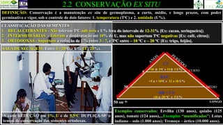 2.2 CONSERVAÇÃO EX SITU
Exemplos conservados: Ervilha (130 anos), quiabo (125
anos), tomate (124 anos),...Exemplos “mumificados”: Lotus
indiano – solo (1.000 anos); Tremoço – ártico (10.000 anos).
CLASSIFICAÇÃO DAS SEMENTES
1. RECALCITRANTES - Não toleram ToC sub zero e U% fora do intervalo de 12-31% [Ex: cacau, seringueira];
2. INTERMEDIÁRIAS - Toleram a desidratação até 10% de U, mas não suportam ToC negativas [Ex: café, citros];
3. ORTODOXAS - Suportam a redução de U% entre 3 - 7, e ToC entre – 10 ºC e – 20 ºC [Ex: trigo, feijão].
DEFINIÇÃO: Conservação é a manutenção ex situ de germoplasma, a curto, médio, e longo prazos, com poder
germinativo e vigor, sob o controle de dois fatores: 1. temperatura (ToC) e 2. umidade (U%).
A cada REDUÇÃO em 1% U e de 5,5oC DUPLICA-SE o
tempo de conservação das sementes ortodoxas.
SALA DE SECAGEM: Entre 5 - 20oC e U% 10 - 25%).
-10 a -20 oC e 5 U%
BB + CN
+5 a + 10oC e 12 a 18 U%
+18 ± 3oC e 15± 3 U%
LONGO
CT
BAG
CURTO
MÉDIO
5
30
50 ou +
 