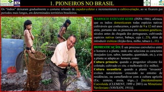 1. PIONEIROS NO BRASIL
Os “índios” deixaram gradualmente o costume nômade de caçador-coletor e incrementaram o cultivo-criação, ao se fixarem por
períodos mais longos, em determinados territórios brasileiros.
DOMESTICAÇÃO: É um processo coevolutivo entre
o homem e a planta, onde este seleciona os caracteres
desejados (cor, sabor, tamanho, quantidade, etc.), e/ou
a planta se adapta ao homem, como:
Cultura primária: quando o progenitor silvestre foi
coletado, cultivado ex situ, e melhorado (Ex: milho);
Cultura secundária: quando a planta “invasora”
evoluiu naturalmente crescendo no entorno de
residências, ou camuflando-se com a cultura agrícola
(Ex; centeio, aveia, trigo,...) [Incidentalmente
Coevoluída (CLEMENT, 1999 e 2001) ou Mimetismo
Vaviloviano (VAVILOV, 1911)].
WARWICH ESTEVAM KERR (INPA-1986), afirmou
que os índios domesticaram todas espécies nativas
cultiváveis que conhecemos, a partir de 9 a 12 mil anos
atrás, portanto são os pioneiros em recursos genéticos,
séculos antes da chegada dos portugueses, cultivando
espécies nativas (arroz, babaçu, caju (...23), além de
introduzir exóticas (feijão-fava, milho, tabaco (...11).
 