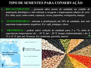 1.1. RECALCITRANTESRECALCITRANTES –– possuem altos teores de umidade no estádio depossuem altos teores de umidade no estádio de
maturação fisiológica e não toleram a secagem e temperaturas abaixo de zero:maturação fisiológica e não toleram a secagem e temperaturas abaixo de zero:
Ex: abiu, açaí, camu-camu, cupuaçú, cacau, pupunha, seringueira, manga.Ex: abiu, açaí, camu-camu, cupuaçú, cacau, pupunha, seringueira, manga.
2.2. INTERMEDIÁRIASINTERMEDIÁRIAS - toleram a desidratação até 10% de umidade, mas não- toleram a desidratação até 10% de umidade, mas não
suportam temperaturas negativas: Ex: café, jenipapo, citros.suportam temperaturas negativas: Ex: café, jenipapo, citros.
3.3. ORTODOXASORTODOXAS – podem sofrer redução de umidade para 3 a 7%, além de– podem sofrer redução de umidade para 3 a 7%, além de
suportarem temperaturas de: – 10 ºC até – 20 ºC (tempo indeterminado) ; de: 0suportarem temperaturas de: – 10 ºC até – 20 ºC (tempo indeterminado) ; de: 0
ºC a 15 ºC (por até 30 anos). Ex: araticum, graviola, murici.ºC a 15 ºC (por até 30 anos). Ex: araticum, graviola, murici.
1.1. RECALCITRANTESRECALCITRANTES –– possuem altos teores de umidade no estádio depossuem altos teores de umidade no estádio de
maturação fisiológica e não toleram a secagem e temperaturas abaixo de zero:maturação fisiológica e não toleram a secagem e temperaturas abaixo de zero:
Ex: abiu, açaí, camu-camu, cupuaçú, cacau, pupunha, seringueira, manga.Ex: abiu, açaí, camu-camu, cupuaçú, cacau, pupunha, seringueira, manga.
2.2. INTERMEDIÁRIASINTERMEDIÁRIAS - toleram a desidratação até 10% de umidade, mas não- toleram a desidratação até 10% de umidade, mas não
suportam temperaturas negativas: Ex: café, jenipapo, citros.suportam temperaturas negativas: Ex: café, jenipapo, citros.
3.3. ORTODOXASORTODOXAS – podem sofrer redução de umidade para 3 a 7%, além de– podem sofrer redução de umidade para 3 a 7%, além de
suportarem temperaturas de: – 10 ºC até – 20 ºC (tempo indeterminado) ; de: 0suportarem temperaturas de: – 10 ºC até – 20 ºC (tempo indeterminado) ; de: 0
ºC a 15 ºC (por até 30 anos). Ex: araticum, graviola, murici.ºC a 15 ºC (por até 30 anos). Ex: araticum, graviola, murici.
TIPO DE SEMENTES PARA CONSERVAÇÃO
 