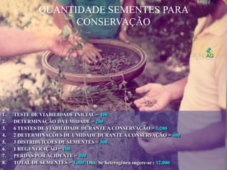 1.1. TESTE DE VIABILIDADE INICIAL =TESTE DE VIABILIDADE INICIAL = 400400
2.2. DETERMINAÇÃO DA UMIDADE =DETERMINAÇÃO DA UMIDADE = 200200
3.3. 6 TESTES DE VIABILIDADE DURANTE A CONSERVAÇÃO =6 TESTES DE VIABILIDADE DURANTE A CONSERVAÇÃO = 1.2001.200
4.4. 2 DETERMINAÇÕES DE UMIDADE DURANTE A CONSERVAÇÃO =2 DETERMINAÇÕES DE UMIDADE DURANTE A CONSERVAÇÃO = 400400
5.5. 3 DISTRIBUIÇÕES DE SEMENTES =3 DISTRIBUIÇÕES DE SEMENTES = 300300
6.6. 1 REGENERAÇÃO =1 REGENERAÇÃO = 100100
7.7. PERDAS POR ACIDENTE =PERDAS POR ACIDENTE = 400400
8.8. TOTAL DE SEMENTES =TOTAL DE SEMENTES = 3.0003.000 Obs:Obs: Se heterogênea sugere-se :Se heterogênea sugere-se : 12.00012.000
1.1. TESTE DE VIABILIDADE INICIAL =TESTE DE VIABILIDADE INICIAL = 400400
2.2. DETERMINAÇÃO DA UMIDADE =DETERMINAÇÃO DA UMIDADE = 200200
3.3. 6 TESTES DE VIABILIDADE DURANTE A CONSERVAÇÃO =6 TESTES DE VIABILIDADE DURANTE A CONSERVAÇÃO = 1.2001.200
4.4. 2 DETERMINAÇÕES DE UMIDADE DURANTE A CONSERVAÇÃO =2 DETERMINAÇÕES DE UMIDADE DURANTE A CONSERVAÇÃO = 400400
5.5. 3 DISTRIBUIÇÕES DE SEMENTES =3 DISTRIBUIÇÕES DE SEMENTES = 300300
6.6. 1 REGENERAÇÃO =1 REGENERAÇÃO = 100100
7.7. PERDAS POR ACIDENTE =PERDAS POR ACIDENTE = 400400
8.8. TOTAL DE SEMENTES =TOTAL DE SEMENTES = 3.0003.000 Obs:Obs: Se heterogênea sugere-se :Se heterogênea sugere-se : 12.00012.000
QUANTIDADE SEMENTES PARA
CONSERVAÇÃO
 