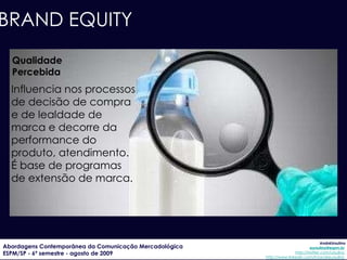 BRAND EQUITY Conjunto de signos que remete o consumidor à marca: imagens, símbolos, contexto de uso, sofisticação,  status, segurança etc. Associações de Marca 
