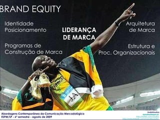 Identidade / Posicionamento Produto Escopo Atributos Qualidade Usos Usuários País de origem Símbolo Imagem e metáforas Herança Organização Atributos Local vs Global Pessoa Personalidade Relaciona- mento cliente/ marca Essência da Marca 