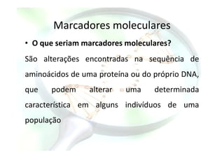 Marcadores moleculares
• O que seriam marcadores moleculares?
São alterações encontradas na sequência de
aminoácidos de uma proteína ou do próprio DNA,aminoácidos de uma proteína ou do próprio DNA,
que podem alterar uma determinada
característica em alguns indivíduos de uma
população
 