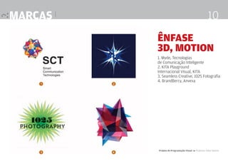 marcas |

10
Ênfase
3d, motion
1. Myde, Tecnologias
de Comunicação Inteligente
2. KITA Playground
Internacional Visual, KITA
3. Seamless Creative, 1025 Fotografia
4. BrandBerry, Anvexa

Projeto de Programação Visual 4 Professor Fabio Silveira

 