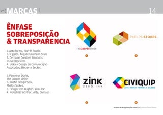 marcas |

14

Ênfase
sobreposição
& transparencia
1. Asta forma, Sheriff Studio
2. Ir galês, Arquitetura Penn State
3. Derrame Creative Solutions,
musicplace.com
4. Liska + Design de Comunicação
Associados, Becker e Becker.
1. Parceiros Doyle,
The Cooper Union
2. Kristin Design Spix,
Phelps Stokes.
3. Design Tom Hughes, Zink, Inc.
4. Indústrias Adstract Arte, Civiquip

Projeto de Programação Visual 4 Professor Fabio Silveira

 