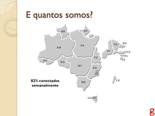E quantos somos?




 82% conectados
 semanalmente
 