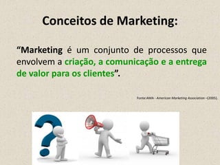 Conceitos de Marketing:
“Marketing é um conjunto de processos que
envolvem a criação, a comunicação e a entrega
de valor para os clientes”.
Fonte:AMA - American Marketing Association –(2005).
 
