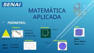  PERÍMETRO;
MATEMÁTICA
APLICADA
TRIÂNGULO
RETÂNGULO
QUADRADO CUBO
CIRCULO/CILINDRO
P= a + b + h
P= 4 X L
ARESTA
P=2 X π X R
P= 2 X(b+h)
SÃO 12 ARESTAS
ARESTA= 12 X a
HIPOTENUSA (h)
a² + b² = (√h)
P= b+h+b+h
Jeito 1;
Jeito 2;
P= a + b + c
a
b
h
 