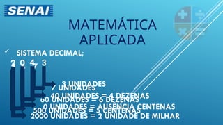  SISTEMA DECIMAL;
MATEMÁTICA
APLICADA
5 6 7
7 UNIDADES
60 UNIDADES = 6 DEZENAS
500 UNIDADES = 5 CENTENAS
0 4 3
3 UNIDADES
40 UNIDADES = 4 DEZENAS
0 UNIDADES = AUSÊNCIA CENTENAS
2
2000 UNIDADES = 2 UNIDADE DE MILHAR
 