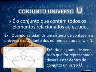 CONJUNTO UNIVERSO  UÉ o conjunto que contém todos os elementos relacionados ao estudo.Ex¹: Quando estudamos um sistema de contagem o universo é o conjunto dos números naturais. U = N.Ex²: No diagrama de Venn tudo que for representado deverá estar dentro do conjunto universo U.