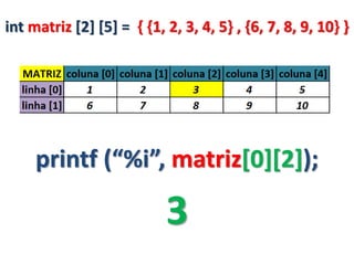 int matriz [2] [5] = { {1, 2, 3, 4, 5} , {6, 7, 8, 9, 10} }
printf (“%i”, matriz[0][2]);
3
 