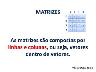MATRIZES
As matrizes são compostas por
linhas e colunas, ou seja, vetores
dentro de vetores.
Prof. Marcelo Santis
 