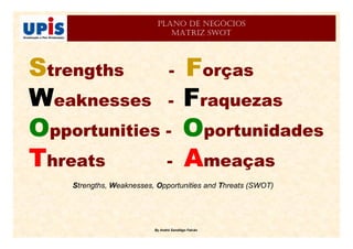 By André Sandiêgo Falcão
PLANO DE NEGÓCIOS
MATRIZ SWOT
Strengths, Weaknesses, Opportunities and Threats (SWOT)
Strengths - Forças
Weaknesses - Fraquezas
Opportunities - Oportunidades
Threats - Ameaças
 