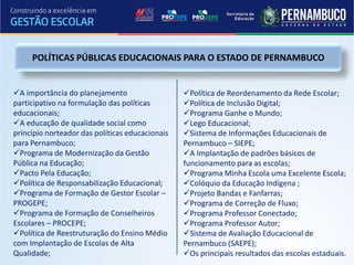 POLÍTICAS PÚBLICAS EDUCACIONAIS PARA O ESTADO DE PERNAMBUCO


A importância do planejamento                   Política de Reordenamento da Rede Escolar;
participativo na formulação das políticas        Política de Inclusão Digital;
educacionais;                                    Programa Ganhe o Mundo;
A educação de qualidade social como             Lego Educacional;
princípio norteador das políticas educacionais   Sistema de Informações Educacionais de
para Pernambuco;                                 Pernambuco – SIEPE;
Programa de Modernização da Gestão              A Implantação de padrões básicos de
Pública na Educação;                             funcionamento para as escolas;
Pacto Pela Educação;                            Programa Minha Escola uma Excelente Escola;
Política de Responsabilização Educacional;      Colóquio da Educação Indígena ;
Programa de Formação de Gestor Escolar –        Projeto Bandas e Fanfarras;
PROGEPE;                                         Programa de Correção de Fluxo;
Programa de Formação de Conselheiros            Programa Professor Conectado;
Escolares – PROCEPE;                             Programa Professor Autor;
Política de Reestruturação do Ensino Médio      Sistema de Avaliação Educacional de
com Implantação de Escolas de Alta               Pernambuco (SAEPE);
Qualidade;                                       Os principais resultados das escolas estaduais.
 