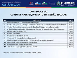 CONTEÚDOS DO
           CURSO DE APERFEIÇOAMENTO EM GESTÃO ESCOLAR

ORD.                                         MÓDULOS                                       DATA
  1    Políticas Públicas – Conhecimento e Aplicação                                       28/07
  2    Gestão com Foco na Educação em Valores Humanos, Cultura de Paz e Sustentabilidade   04/08
  3    Gestão Democrática, Instrumentos de Gestão e Diálogos com a Comunidade              11/08
  4    A Contribuição dos Órgãos Colegiados na Melhoria da Aprendizagem dos Estudantes.    18/08
  5    Projeto Político Pedagógico                                                         25/08
  6    Gestão Financeira                                                                   01/09
  7    Educação de Qualidade Social                                                        15/09
  8    O Impacto da Neurociência na Sala de Aula                                           22/09
  9    Monitoramento e Avaliação dos Processos de Ensino e Aprendizagem                    29/09
 10    Políticas de Responsabilização Educacional                                          13/10
 11    Competências e Gestão de Pessoas                                                    20/10
 12    Tecnologias a Serviço da Educação e Gestão                                          27/10


Obs.: Não haverá aula presencial nos sábados – 08/09 e 06/10
 